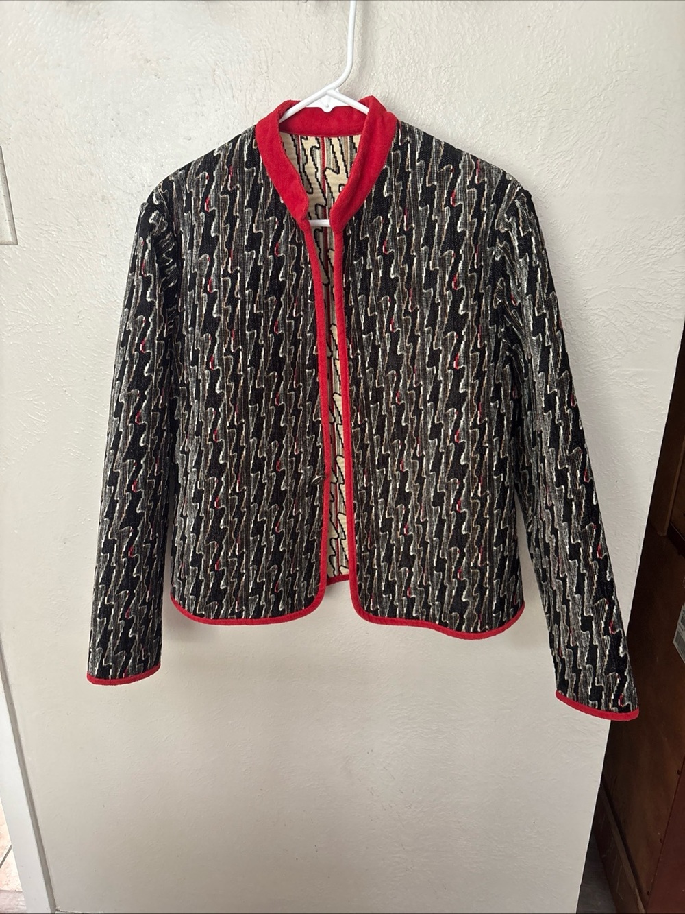 Reversible Vintage Red-Trim Patterned Women's Jacket Size M